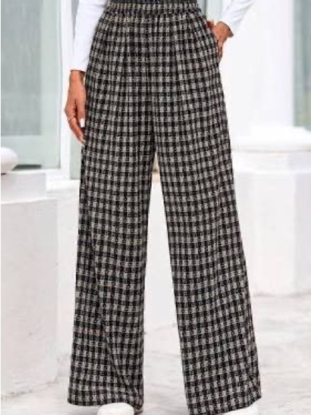 Plaid Wide Leg Pants in Black and Cream